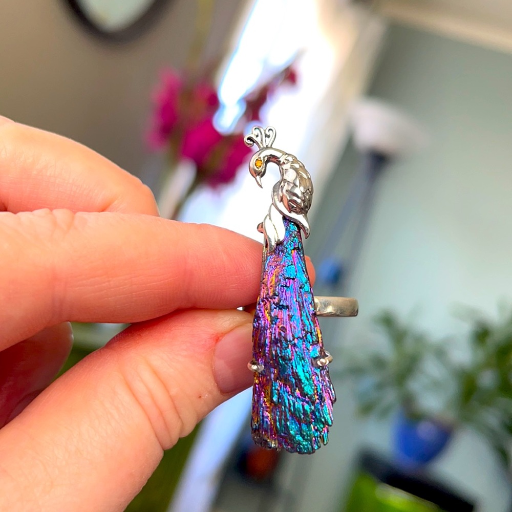 Peacock Rainbow Aura Kyanite Silver rings - Picture 8 of 11